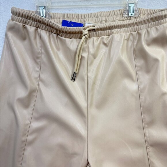 Foerns Faux Leather Jogger Pants High Waist Drawstring Beige Chic Womens L NEW - Picture 3 of 9